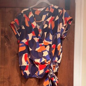 Abstract Wrap Front Short Sleeve Top - Navy Multi